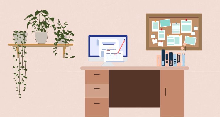 Office with greenery, comuter, desk, and books