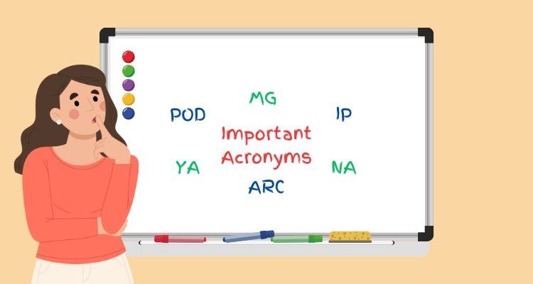Woman n front of a white dry erase board with acronymns on it.