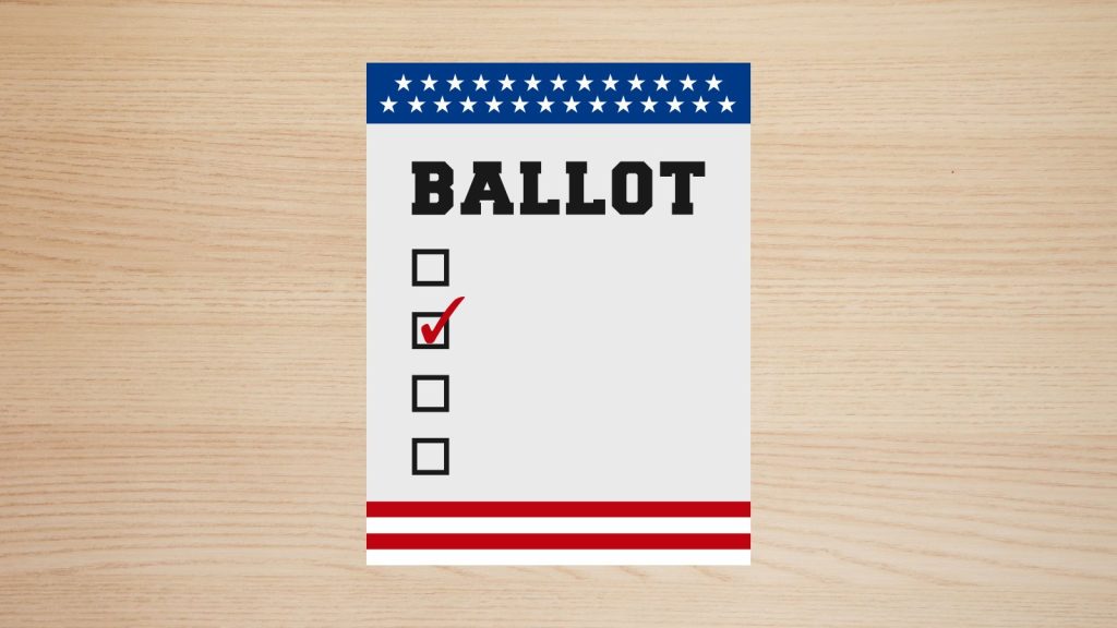 An election ballot with a candidate checked off on a wooden background.