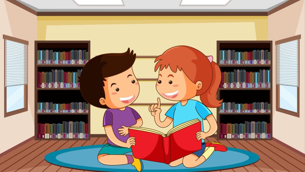 Children reading a book while sitting on a circular rug in the library.