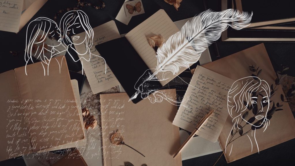 Transparent drawn women in the top left corner and the bottom right corner. A transparent drawn hand holds a quill in the center. A written paragraph in white sits in the bottom left corner. The background is made up of open books and paper with scrawled writing sitting on a black surface.