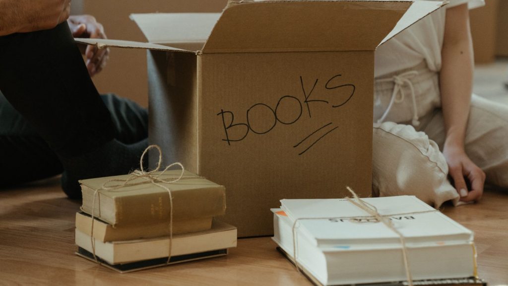 Books in labeled storage box.