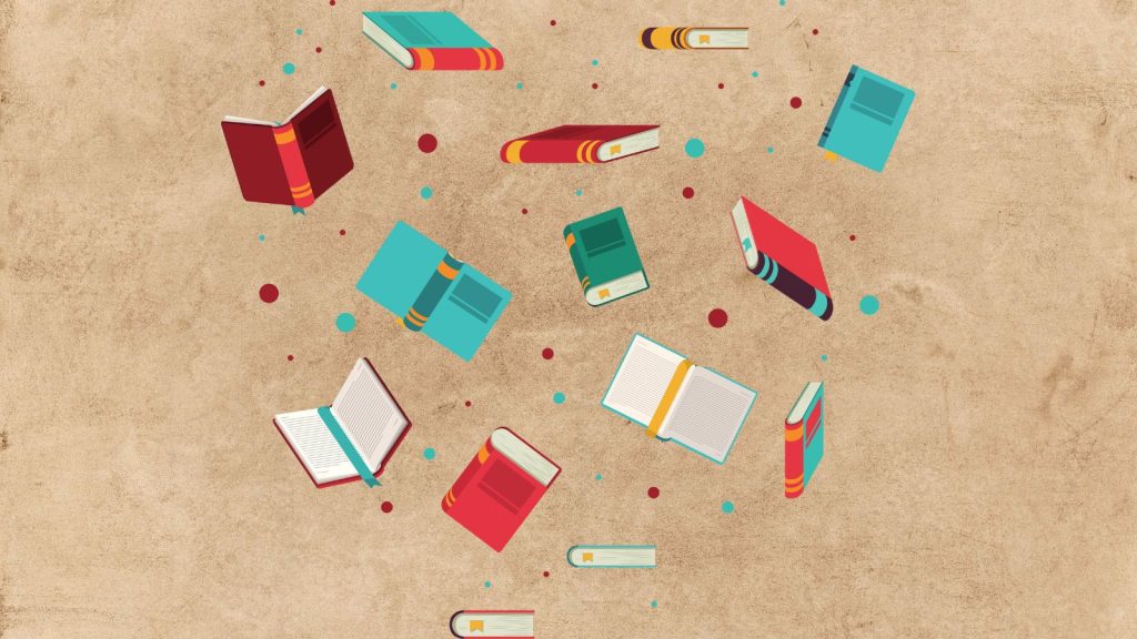 Books swirling in a circle on a dark beige papery background.