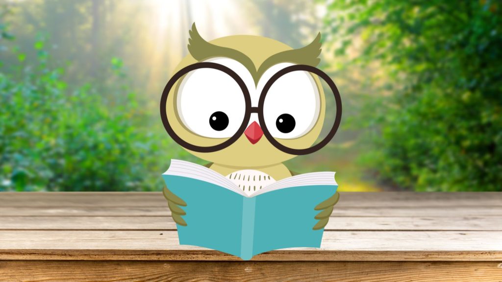 Cartoon owl reading cartoon book sitting on a wooden bench with a green forest in the background.