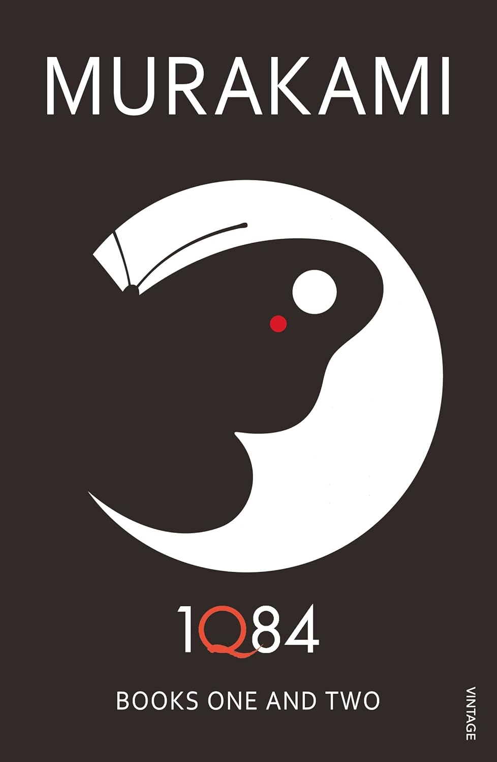 '1Q84' by Haruki Murakami book cover showing a moon with a butterfly inside.