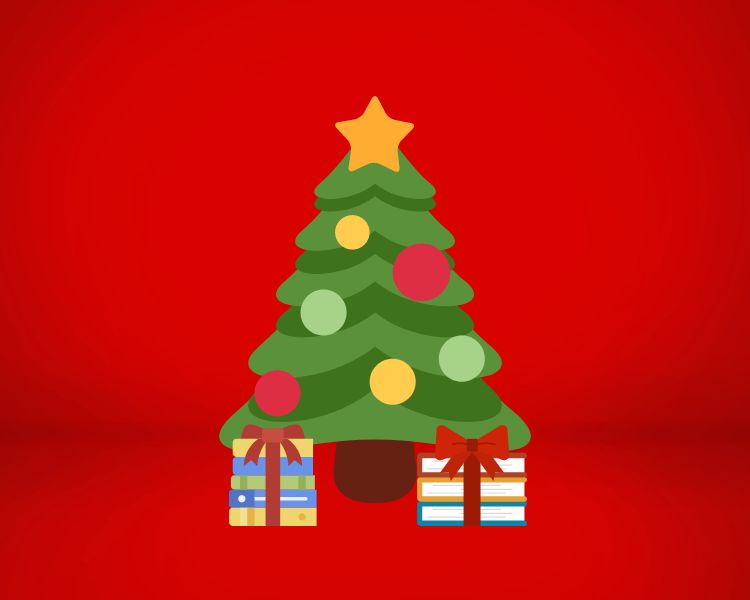 Christmas trees and books for presents.