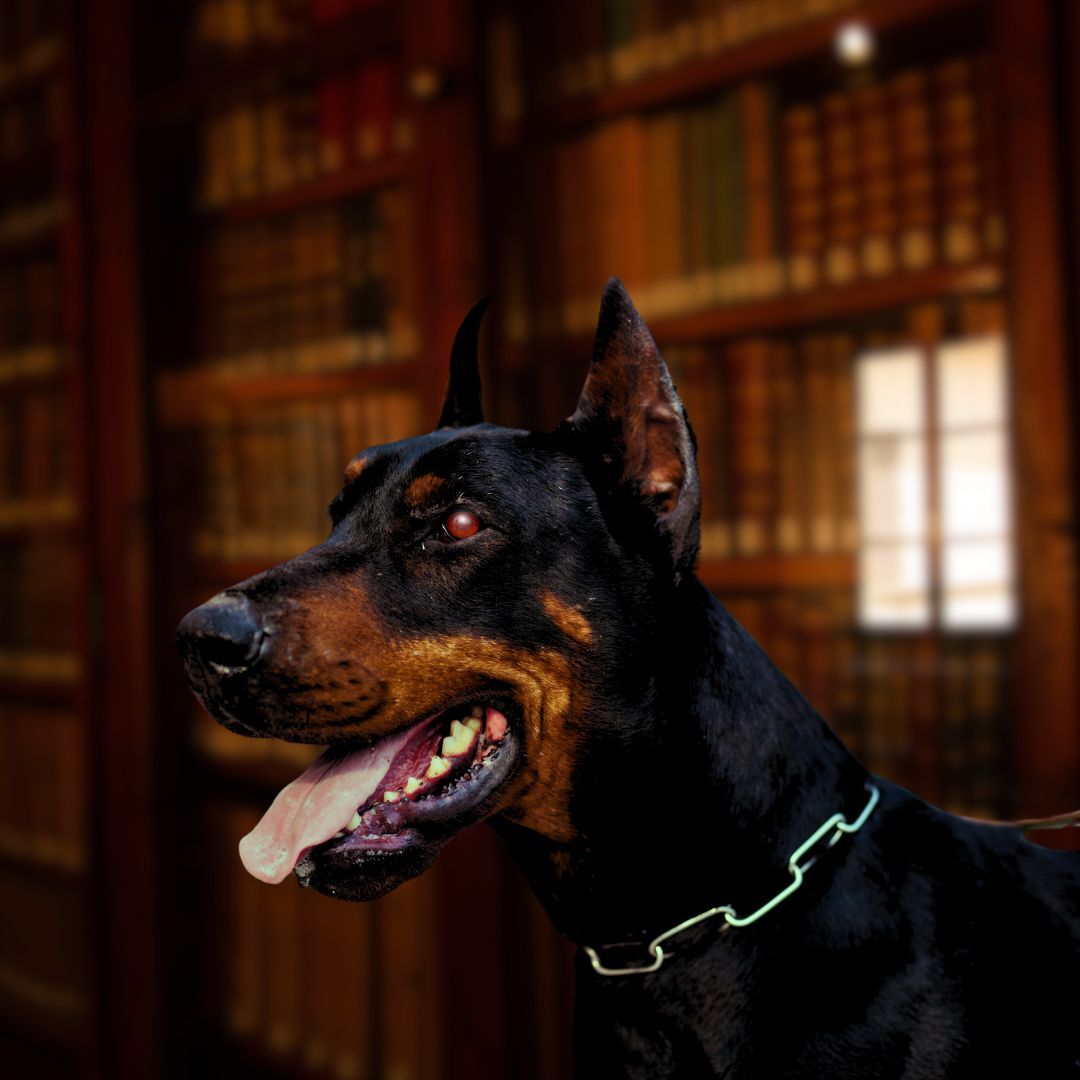 Doberman with its mouth open side profile set against a blurred, brownish background.