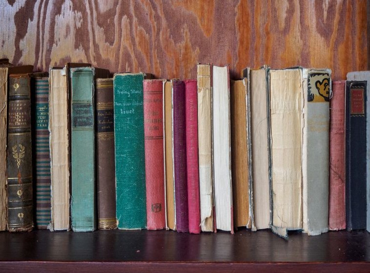 A row of old and worn books.