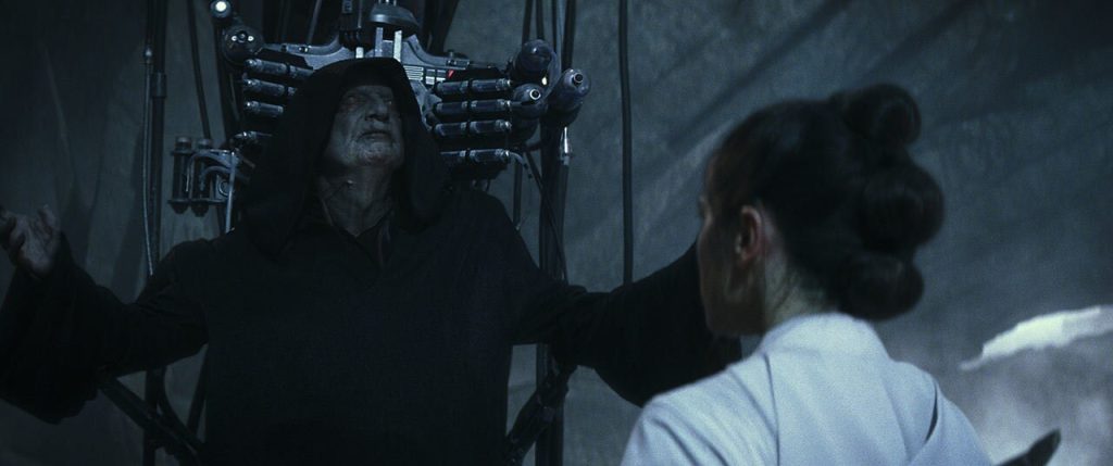 The Emperor talks to Rey, trying to convince her to join him as ruler of the galaxy.