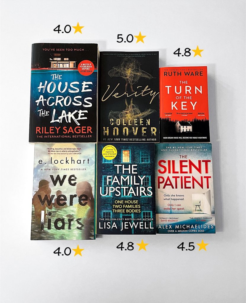 Six mystery novels are stacked with three book on top of the other three. Ratings out of five stars are on the bottom or top of the books.