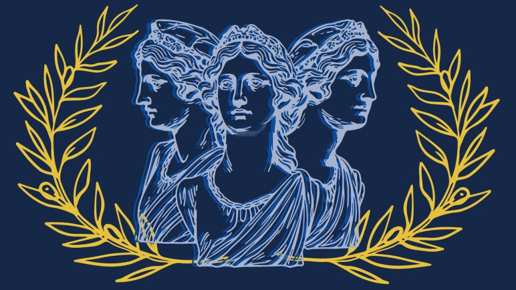 Illustrated image of three female Greek statues close together.