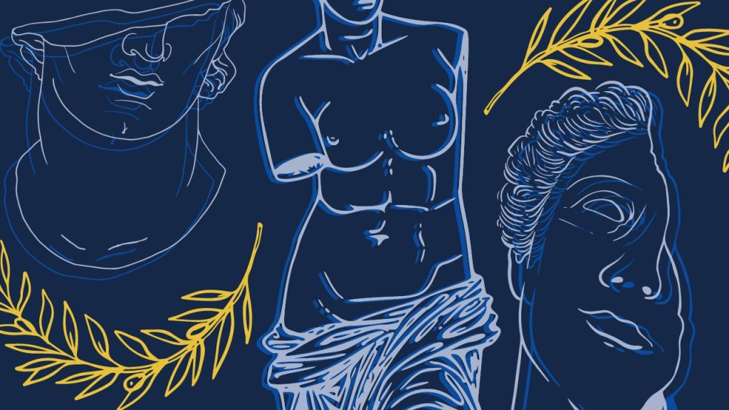 Illustrated image of three broken, Greek statues.