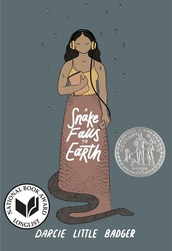 A Snake Falls to Earth by Darcie Little Badger book cover showing a young woman with a snake slithering around her feet