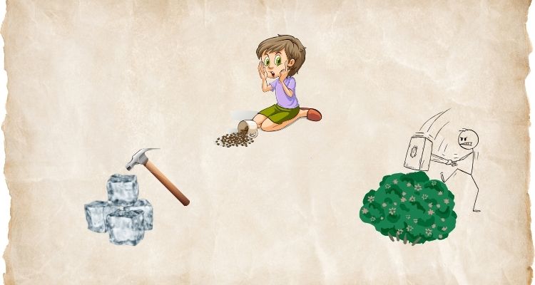 Illustrations of three idioms, spilling the beans, breaking the ice, and beating a bush.
