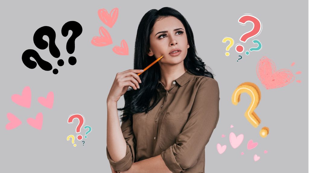 Person with a thinking face on surrounded by question marks and hearts.