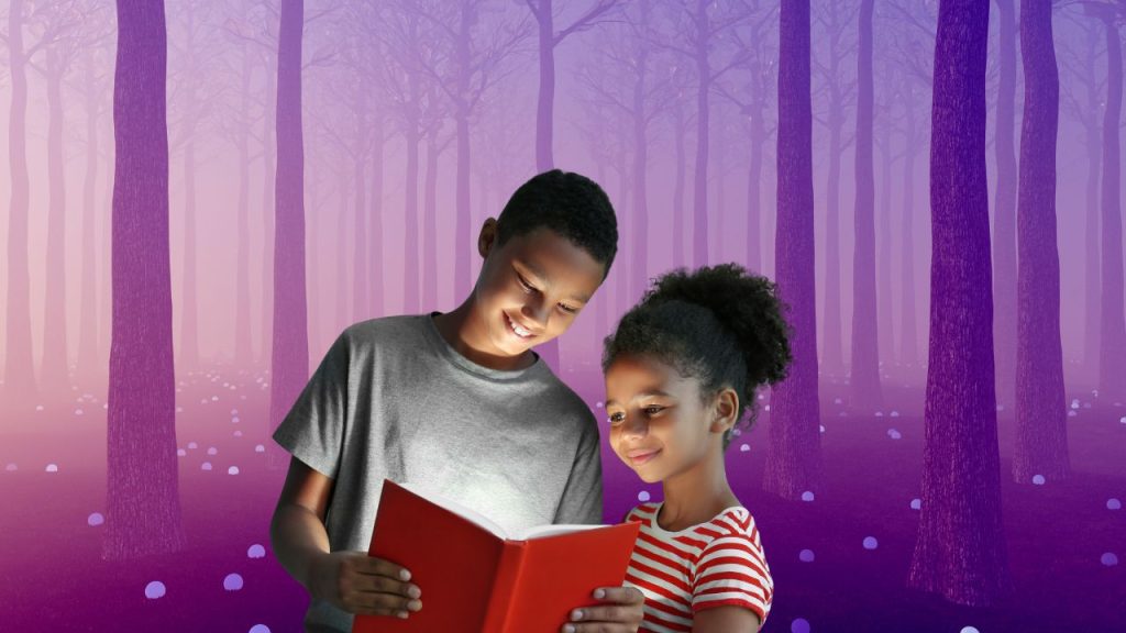 Two kids reading a book being transported to a fantasy world.