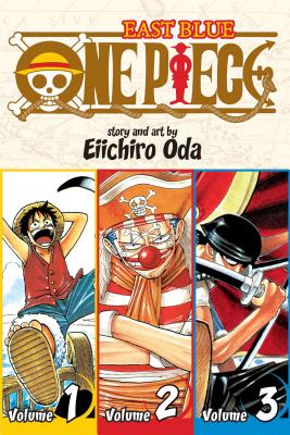 'One Piece' by Eiichiro Oda book cover showing the covers of the first three volumes with Luffy, Buggy, and Zoro respectively.