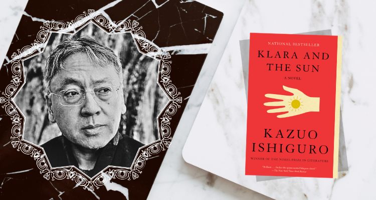 Author Kazuo Ishiguro on the left in black and white and his book "Klara and the Sun" on the right set against a black and white marble background.