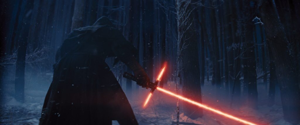 Kylo Ren readies his lightsaber for combat.