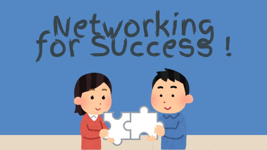 rich blue background with a stripe of beige along the bottom. There are two people, one dressed in red and one dressed in blue and each is holding a puzzle piece that fit together perfectly. Above them are the words: Networking for Success!