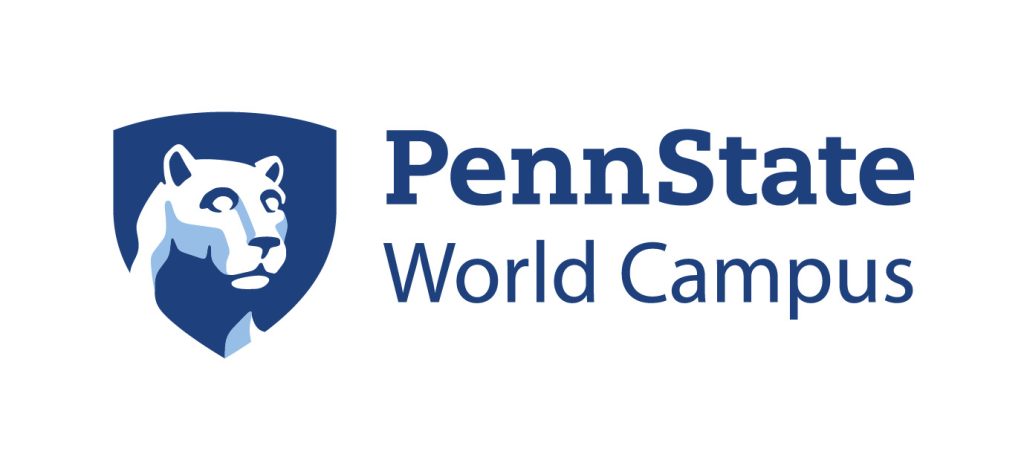 White background with a blue logo of a shield and a type of wild cat in it. The text says Penn State World Campus.