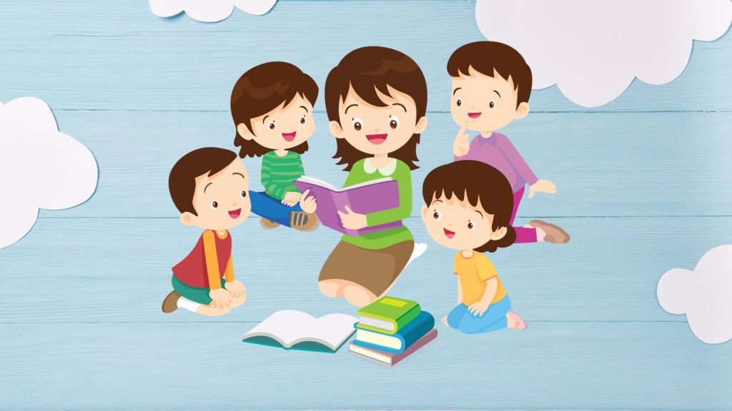 Four students listening to a teacher read with books around them on a light blue background with fluffy white clouds.