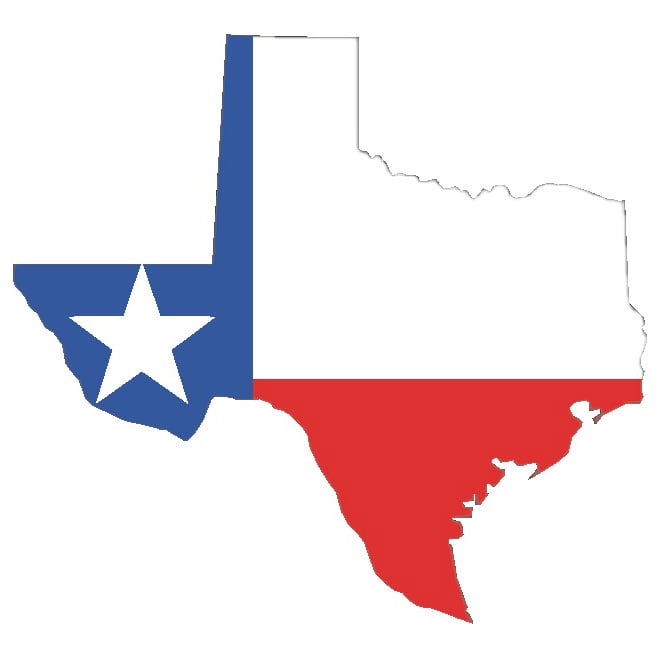 Vector map of the state of Texas in red, white, and blue US flag colors set against a white background.