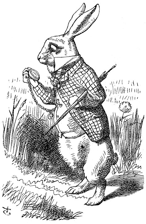 A black and white photo of the White Rabbit looking at his pocket watch.