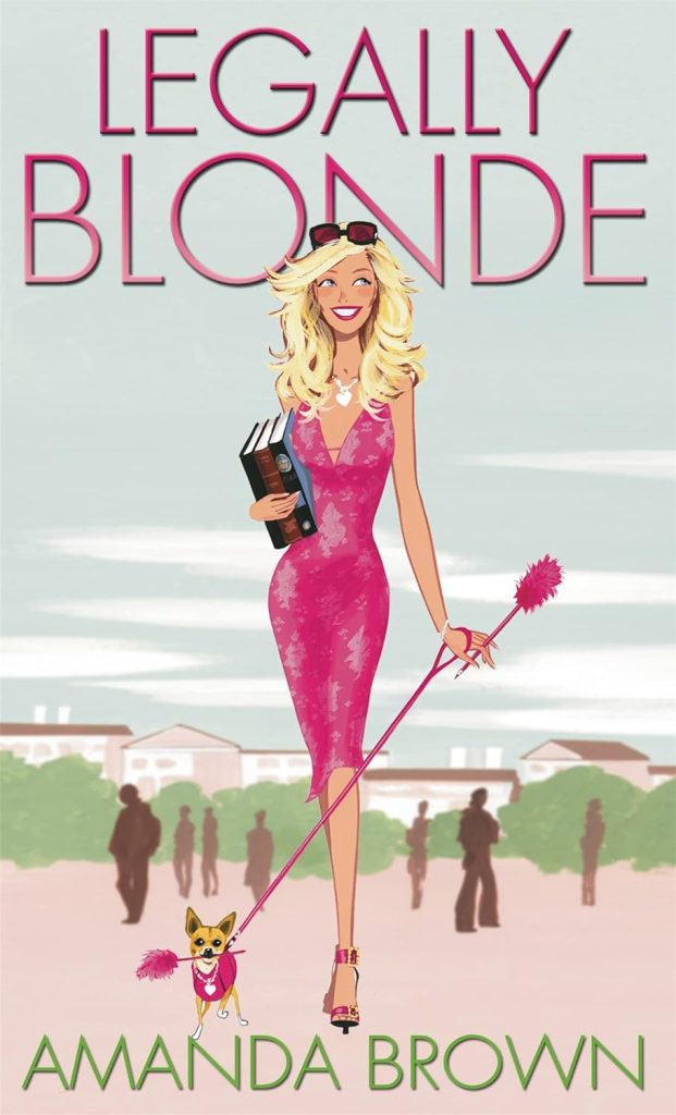 Legally Blonde cover by Amanda Brown, Elle Woods walking her dog and carrying law books in a park.
