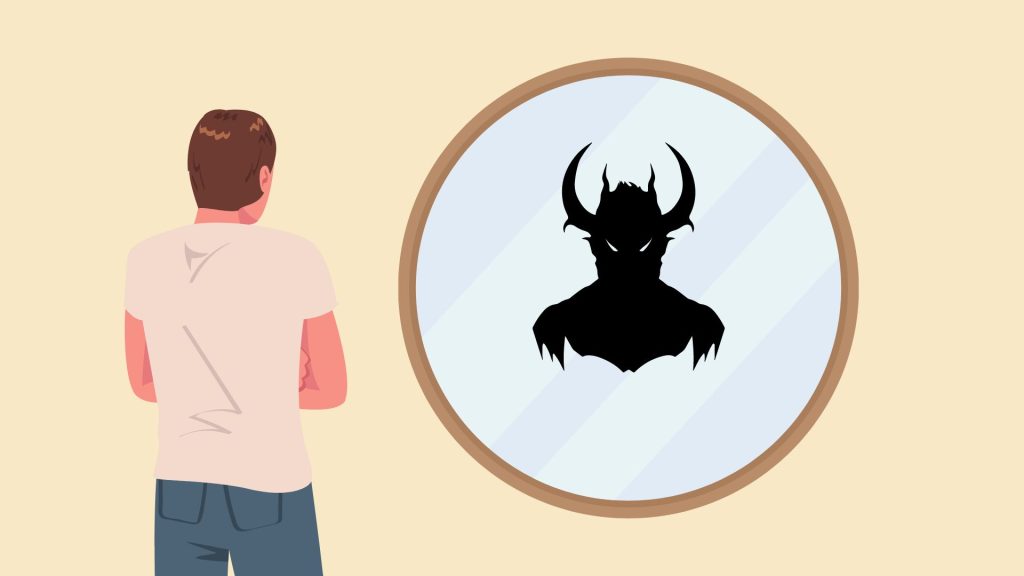 On a pale yellow background, a short-haired, light-skinned person stands with their back to the viewer, facing a mirror. In the mirror is a silhouette of a demon's head and shoulders.