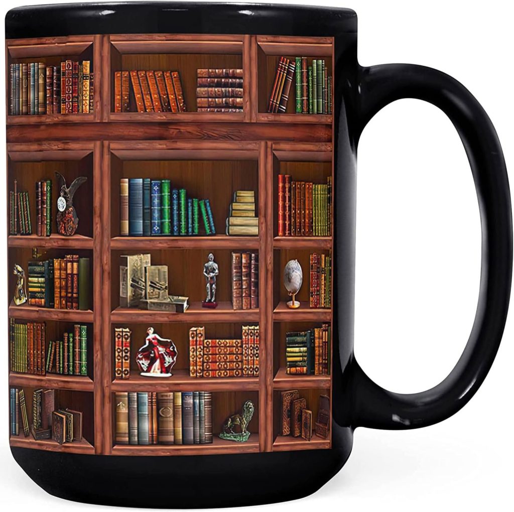 A black mug with a bookshelf illustrated around the mug.