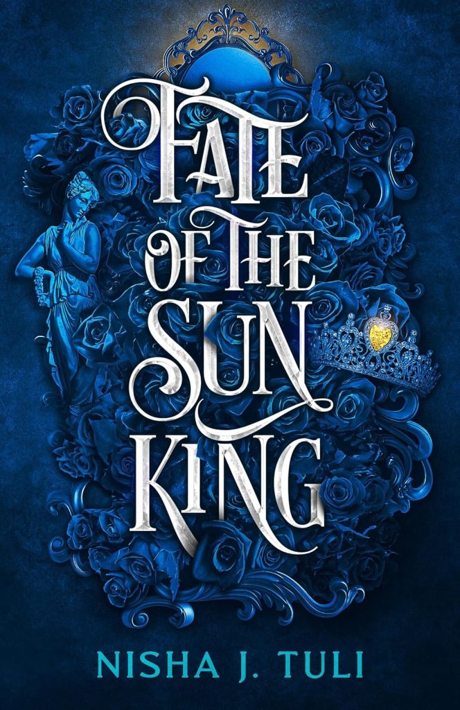 Blue roses in a large bundle, with a mirror at the top, a crown with a yellow heart diamond, and a woman ancient-greek sculpture.