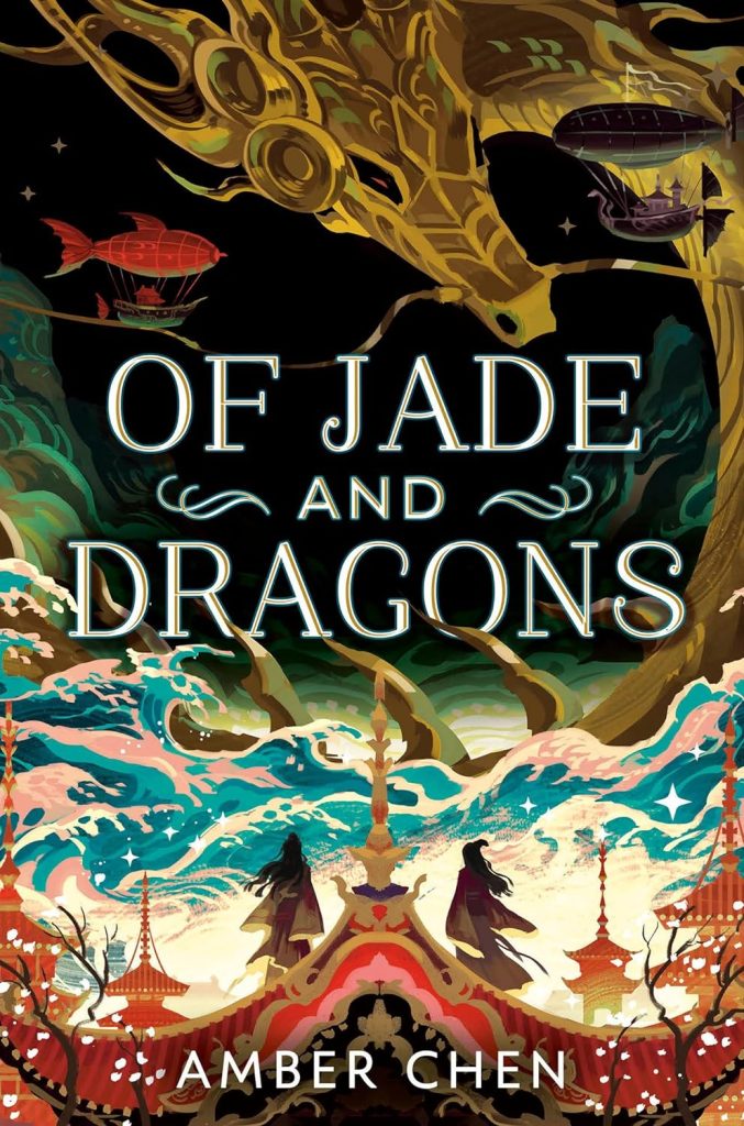A tree curls into a dragon, balloon ships in the sky and cities in the sea. Two ancient chinese figures stand watching on a rooftop.