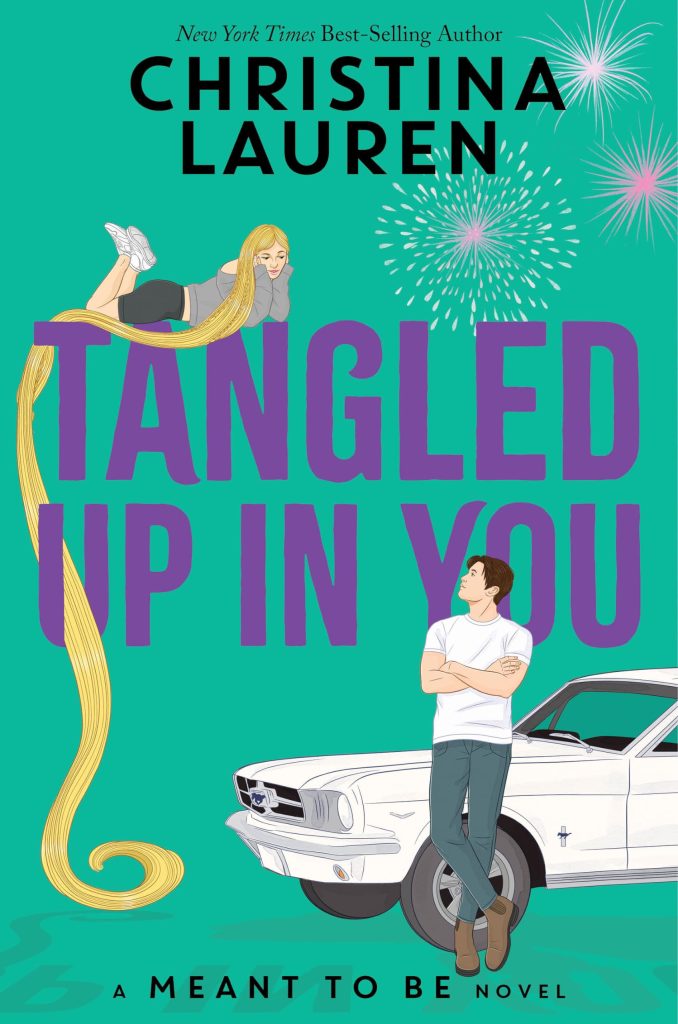 A girl with long blonde hair, laying with her head perched up, watching down below where a guy and his car stare up.