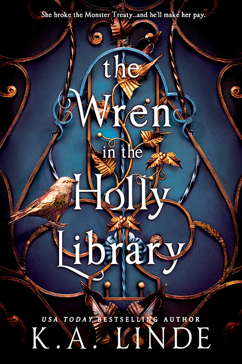 A blue door, with swirling copper all around and vines of copper branches and holly leaves. The leaf door handle protrudes out and a little copper bird is on a branch.
