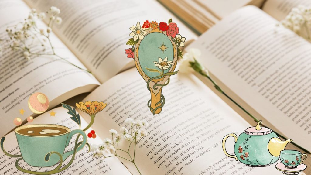 Books with green mirror and tea cup graphics.