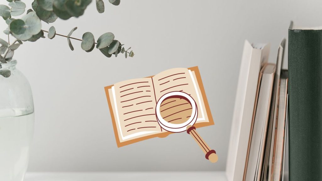 Classic book graphic with a magnifying glass overlaid on a picture of books stacked to the right and a vase of green plants on the left.