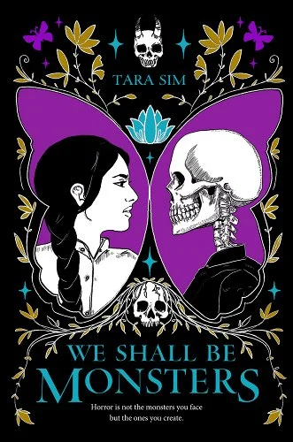 A girl with a braid on one side of a butterfly and a skeleton boy on the other side, looking at each other.