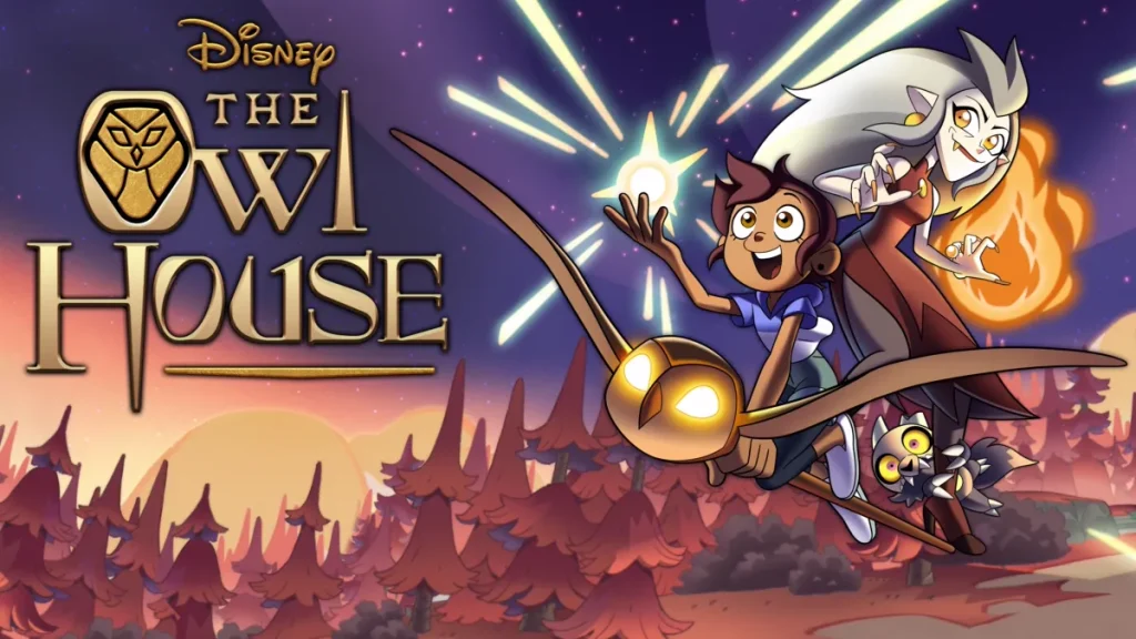 The Owl House poster on Disney with two characters flying over a forest on an owl broom. One character who is seated in the front is holding a glowing object while looking up and the character behind them is holding a flame.