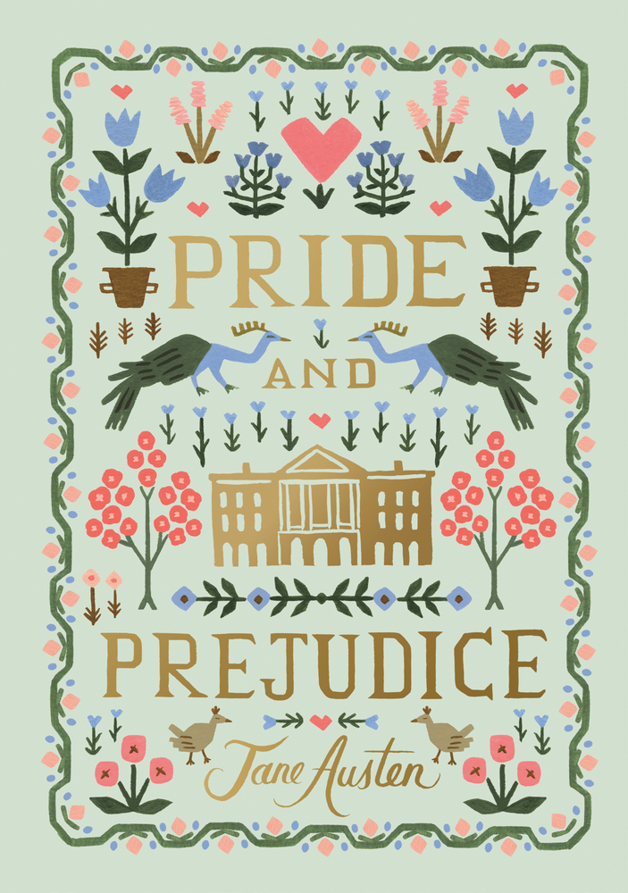 Peacocks and a house on the cover of Pride and Prejudice by Jane Austen.