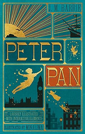 Glittered golden edition of Peter Pan, with the backdrop of London, flying to stars, and pirate ships in the sea.