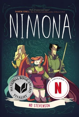 'Nimona' by ND Stevenson book cover showing Nimona, Lord Blackheart, and Sir Ambrosius Goldenloin
