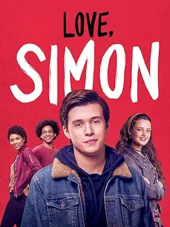 love simon movie poster red background with four teenagers across bottom and black and white title text across top