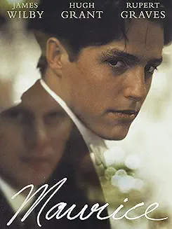 maurice film poster close up head shot of middle aged man wearing suit looking to the right with transparent layer of another man on the left side seeming to look at him and match his gaze