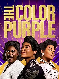 the color purple 2023 movie poster with three portraits of women posed on the bottom with image of sun behind them and gold title text on purple background