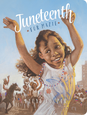 Little girl celebrating Juneteenth amidst parade in background.