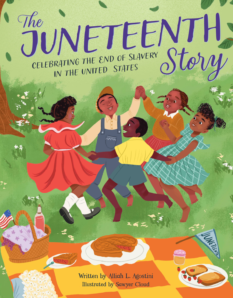 Children dancing in a circle next to a laid out picnic.