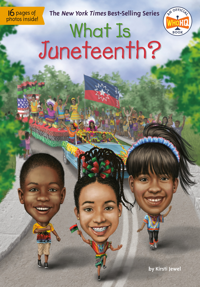 Large headed caricature of children celebrating Juneteenth.