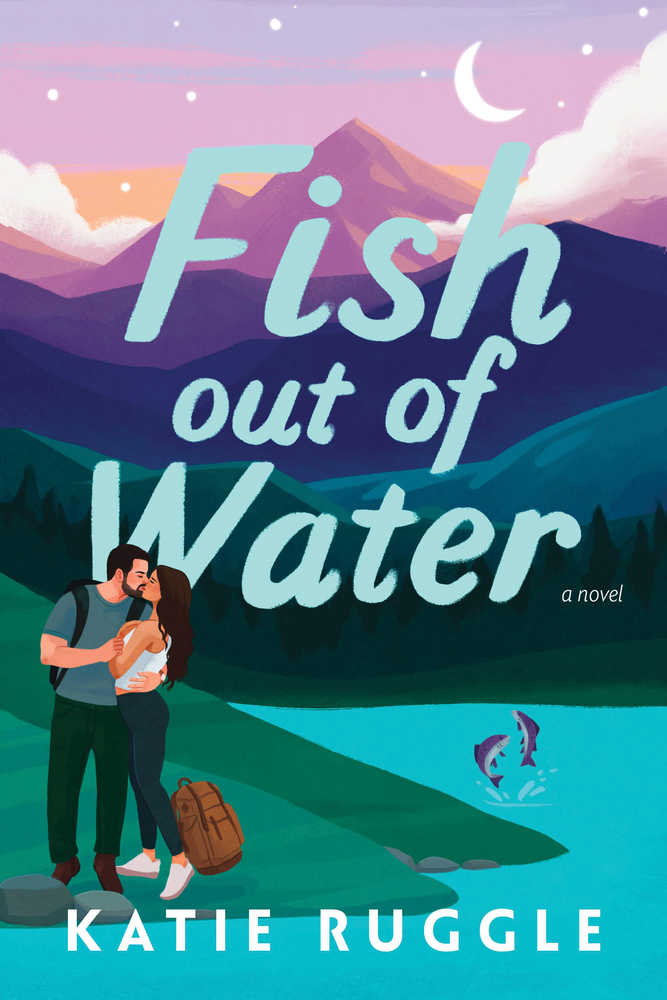 Fish Out of Water cover. Cartoon cool-toned mountain lakeside landscape with brunette couple kissing.