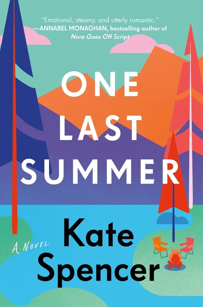 One Last Summer cover. Vibrant camp site beside lake with purple mountain view.